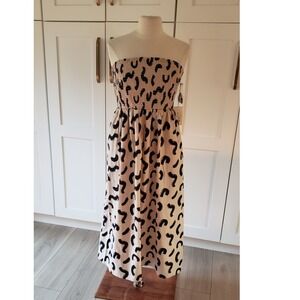 New Day Dress Womens XS Beige Leopard Smocked Tube Strapless Midi